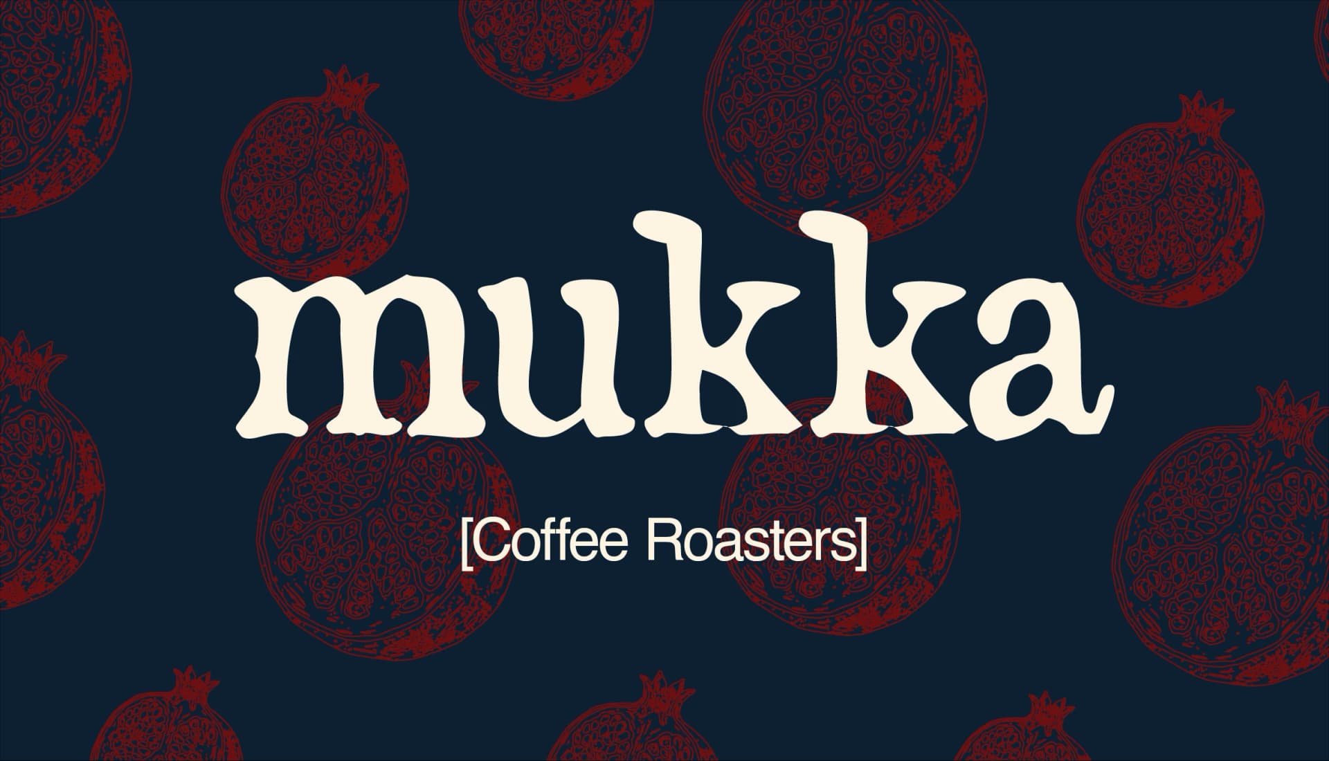 The Mukka wordmark, Coffee Roasters, on a navy pomegranate pattern