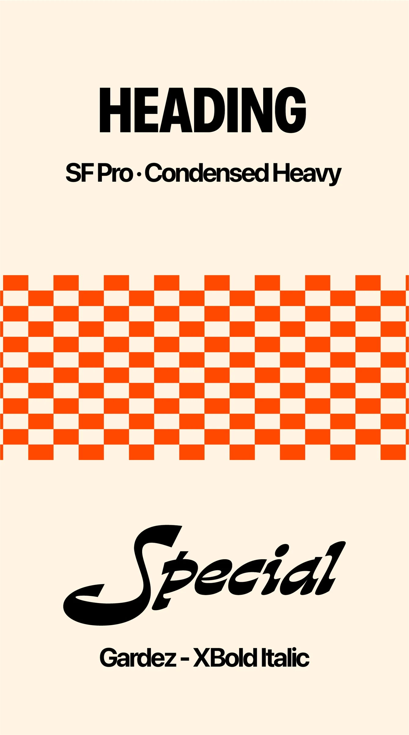 Typefaces: SF Pro Condensed Heavy for headings, Gardez XBold Italic for specials