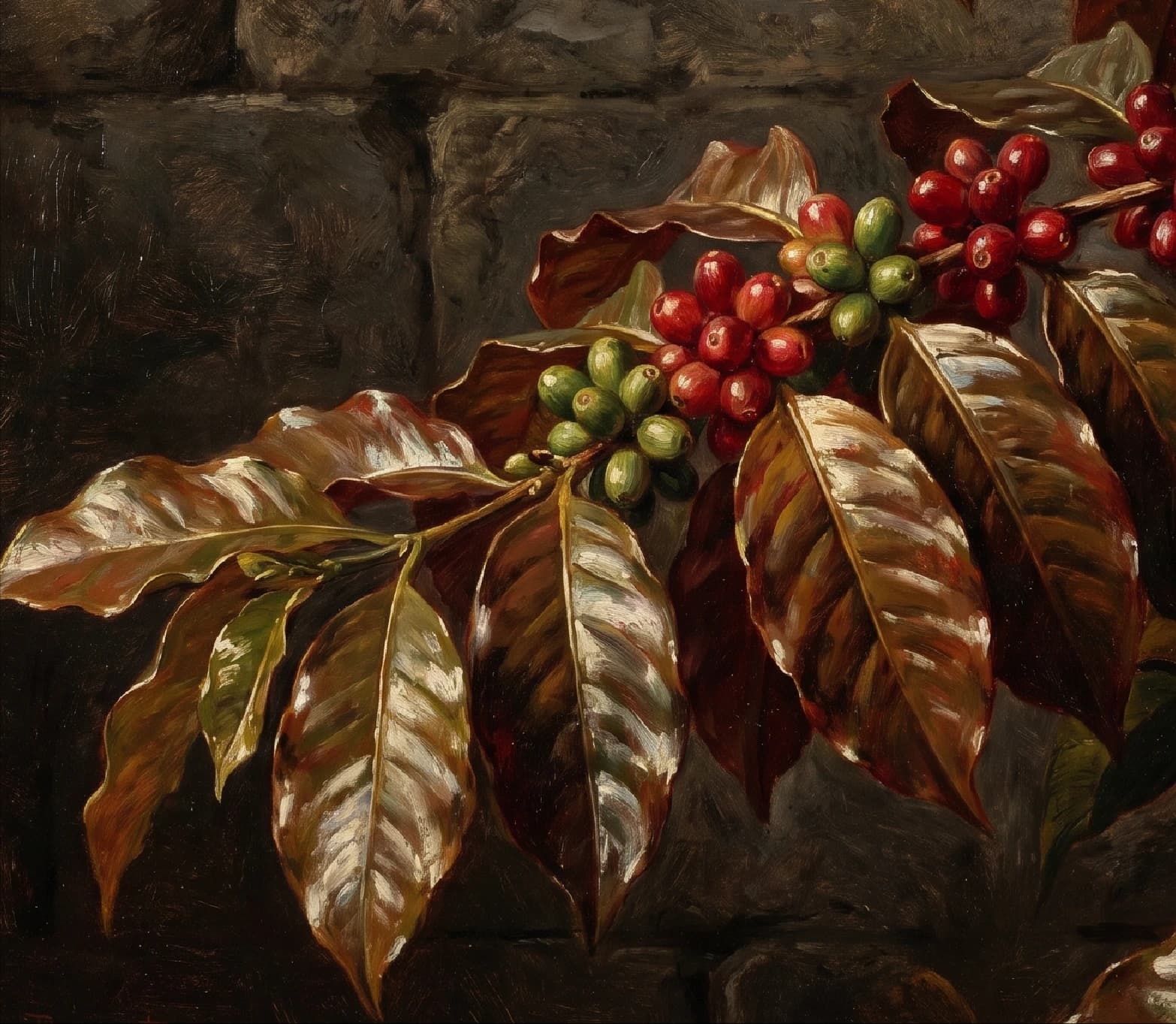 Coffee cherries ripening on the branch